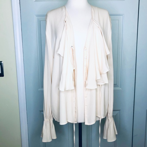 Vintage CLASSIQUES Silk for Nordstrom Wide Front Cuffs Ruffles Top Beige Sz M - Picture 6 of 13